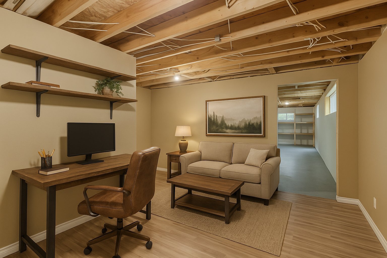 Basement - Photo with virtual furniture.Retouched photo