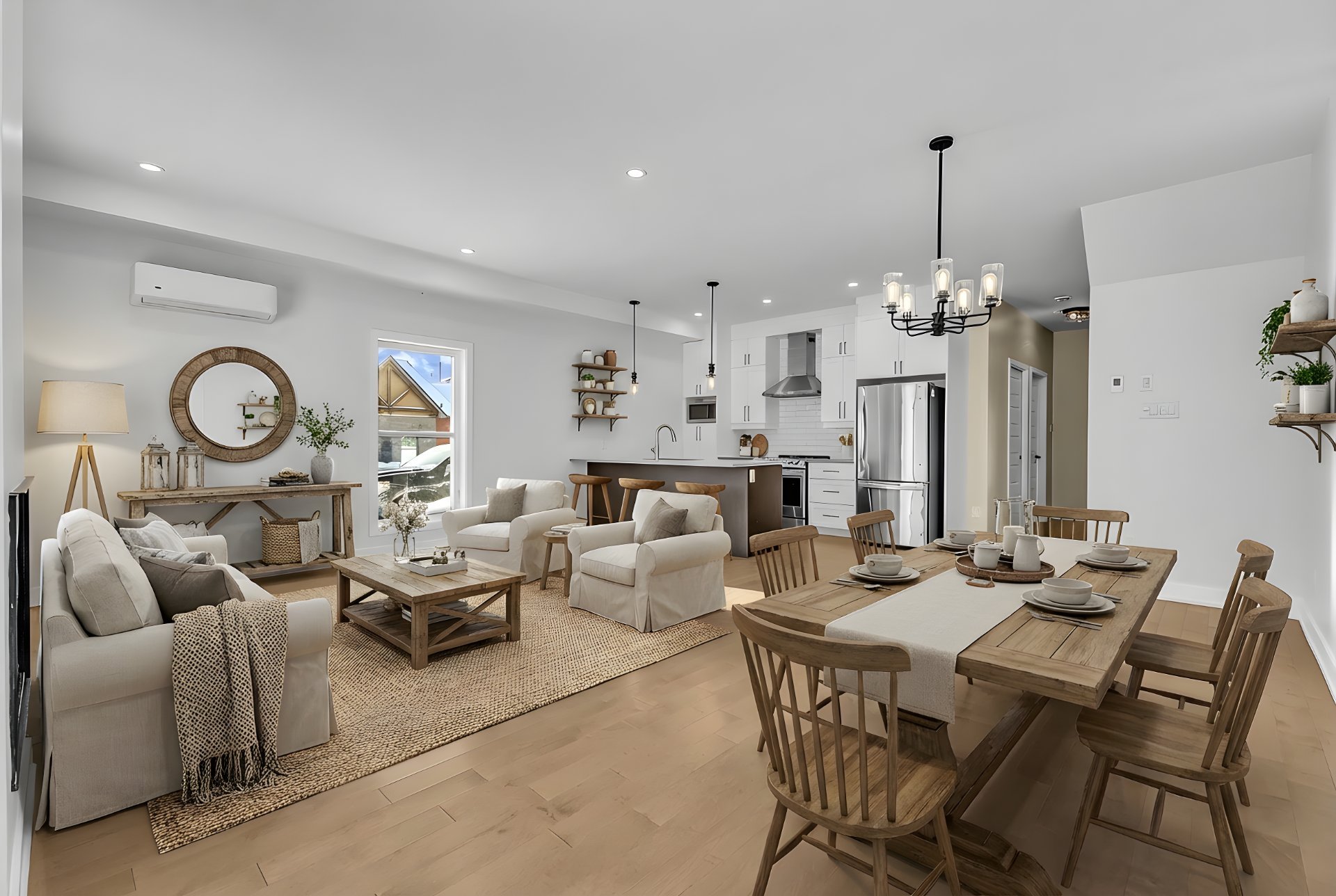 Overall View - Kitchen, dining room, and living room - Staging